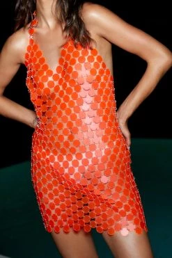Club Wear Neon Disc Chainmail Sequin Halter Mini Dress