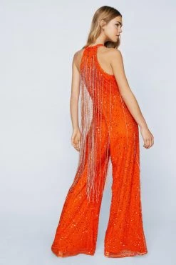 Jumpsuits Beaded Tassel Wide Leg Jumpsuit -Christmas Sales womens orange beaded tassel wide leg jumpsuit 2