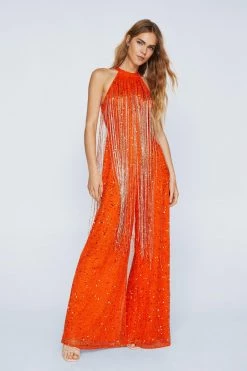Jumpsuits Beaded Tassel Wide Leg Jumpsuit -Christmas Sales womens orange beaded tassel wide leg jumpsuit 3