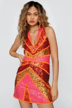 Sequin Dresses Sequin Colorblock Plunge Mini Dress -Christmas Sales womens orange embellished colorblock plunge mini dress 2