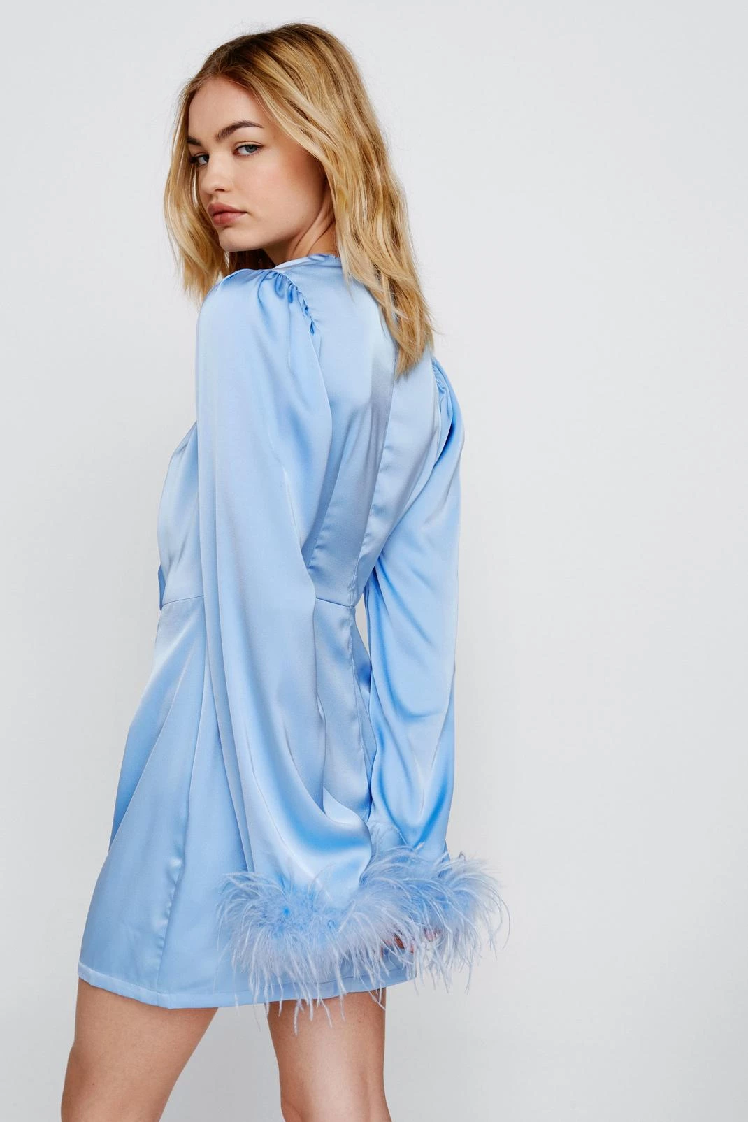 60% Off Dresses, Tops & Footwear! Feather Cuff Satin Tie Front Mini Dress 4 60% Off Dresses, Tops & Footwear! Feather Cuff Satin Tie Front Mini Dress - Image 3