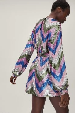 Party Dresses Abstract Sequin Oversized Belted Mini Dress -Christmas Sales womens pastel20pink abstract sequin oversized belted mini dress 2