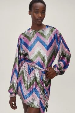 Party Dresses Abstract Sequin Oversized Belted Mini Dress -Christmas Sales womens pastel20pink abstract sequin oversized belted mini dress 3