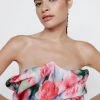 Party Outfits Blurred Floral Print Bandeau Ruffle Mini Dress -Christmas Sales womens pink blurred floral print bandeau ruffle mini dress