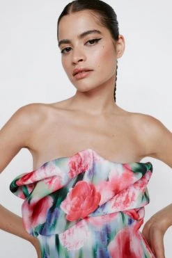 Party Outfits Blurred Floral Print Bandeau Ruffle Mini Dress