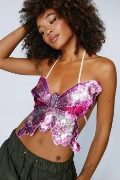 Party Outfits Sequin Butterfly Tie Detail Top -Christmas Sales womens pink sequin butterfly tie detail top 3