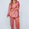 Two Piece Pants Set Tile Print Satin Long Pajama Set