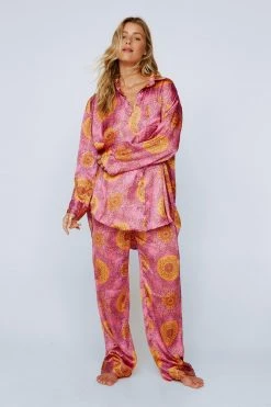 Two Piece Pants Set Tile Print Satin Long Pajama Set
