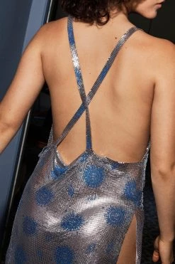 Club Wear Celestial Print Chainmail Cowl Mini Dress