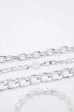 Jewelry Chunky Chain And Pearl Bracelet Set -Christmas Sales womens silver chunky chain and pearl bracelet set 2