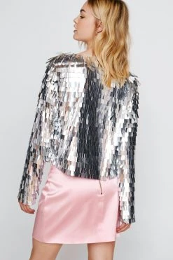 Going Out Jackets Embellished Sequin Collarless Jacket -Christmas Sales womens silver embellished sequin collarless jacket 2