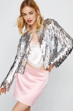 Going Out Jackets Embellished Sequin Collarless Jacket -Christmas Sales womens silver embellished sequin collarless jacket 3
