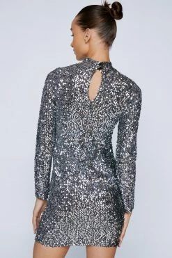 Sequin Dresses Petite Sequin Long Sleeve Mini Dress -Christmas Sales womens silver petite sequin long sleeve mini dress 2