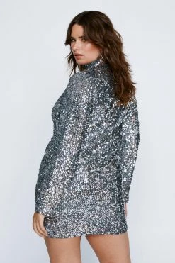 Dresses Plus Size Sequin Long Sleeve Mini Dress -Christmas Sales womens silver plus size sequin long sleeve mini dress 2