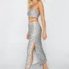 Party Outfits Sequin Bandeau Crop Top And Midi Skirt -Christmas Sales womens silver sequin bandeau crop top and midi skirt
