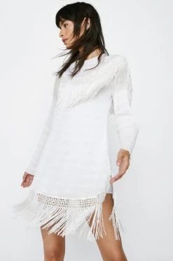 Shift Dresses Lace And Fringe Mini Dress -Christmas Sales womens white lace and fringe mini dress 3