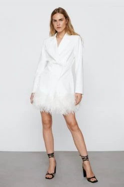 Bodycon Dresses Premium Feather Trimmed Blazer Dress -Christmas Sales womens white premium feather trimmed blazer dress 3