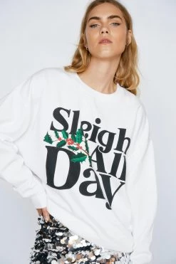Christmas Sleigh All Day Slogan Sweatshirt -Christmas Sales womens white sleigh all day slogan sweatshirt 3